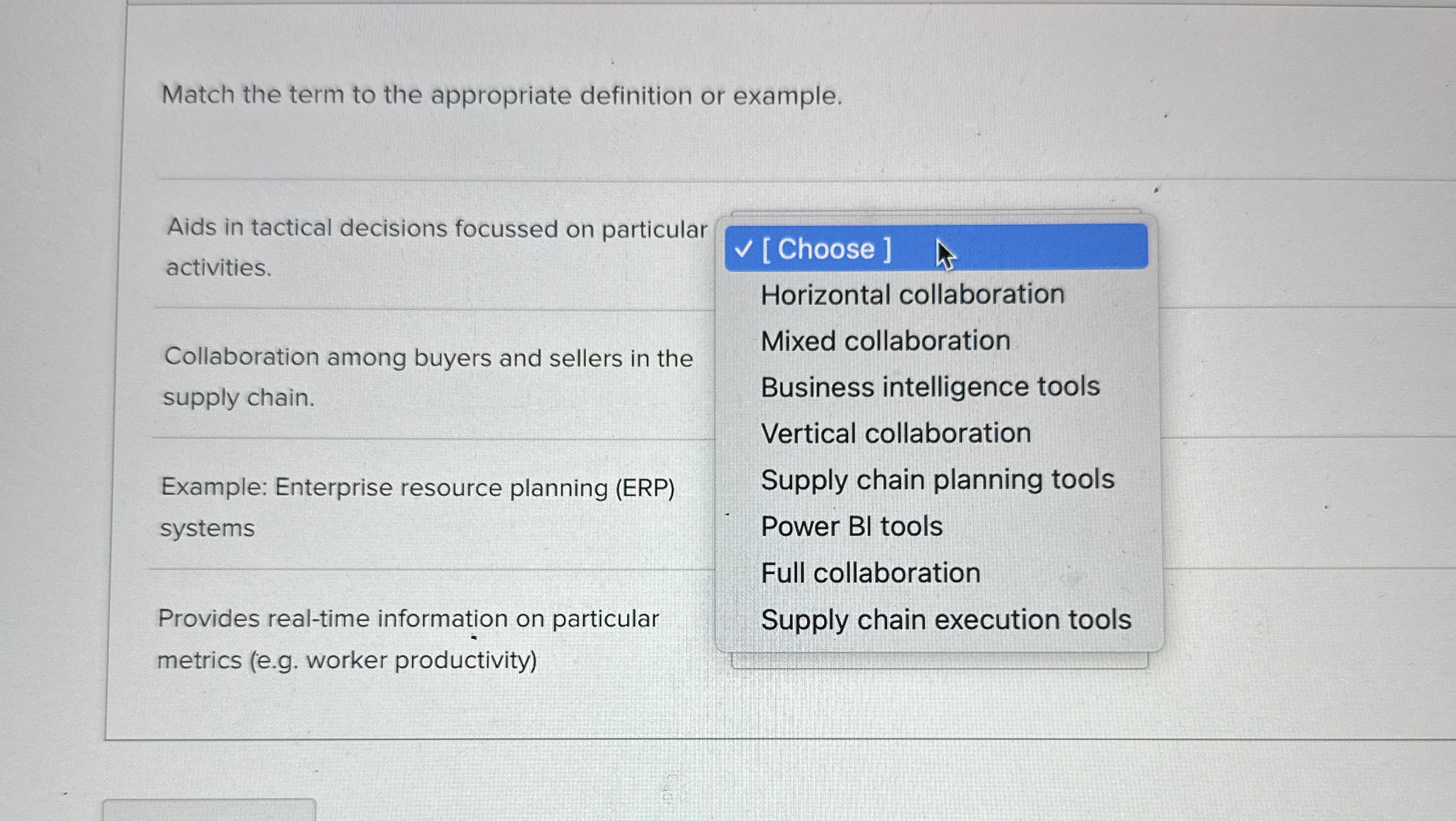  Match the term to the appropriate definition or example. Aids in