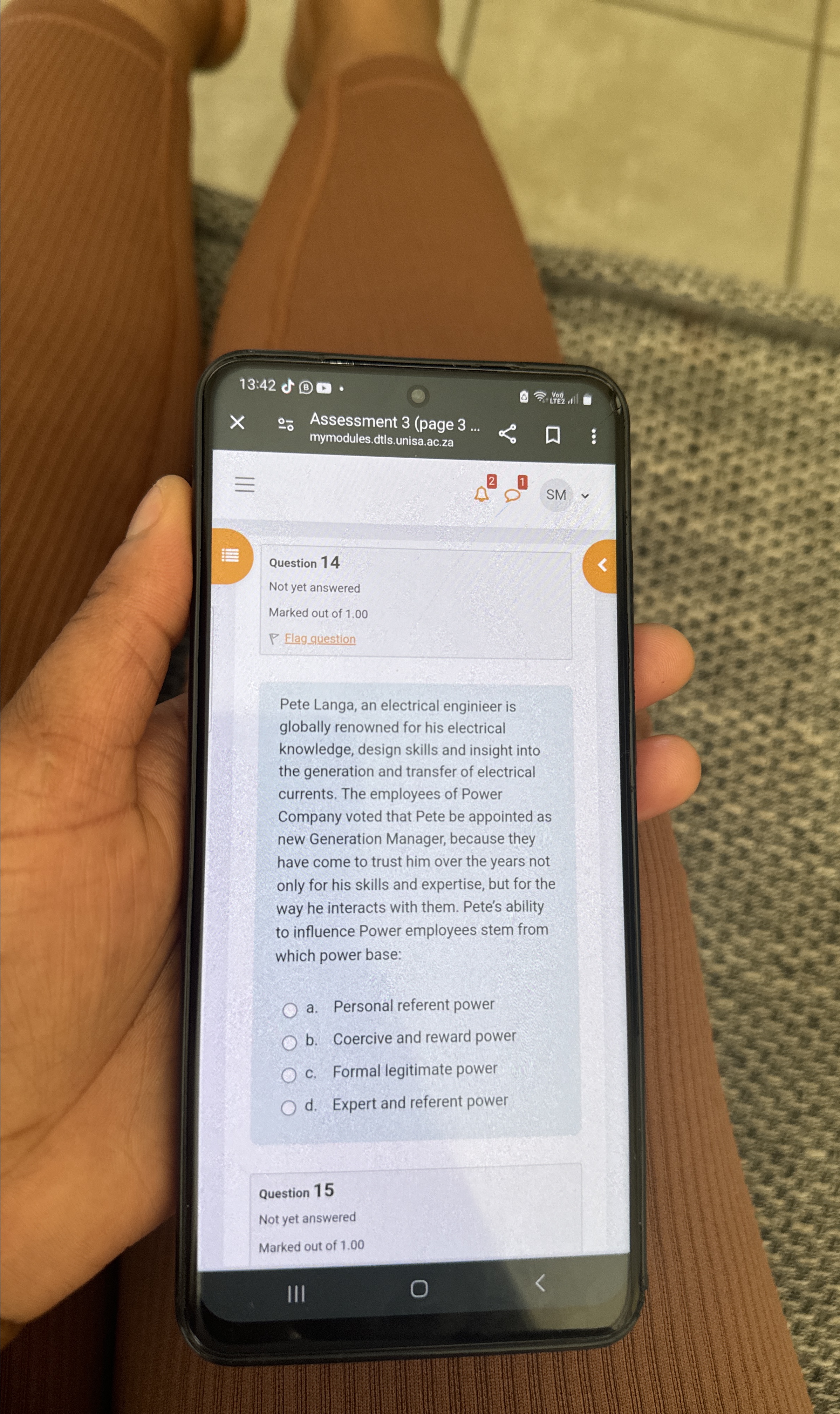  13:42d Assessment 3(page 3... mymodules.dtls.unisa.ac.za SM Question 14 Not yet answered