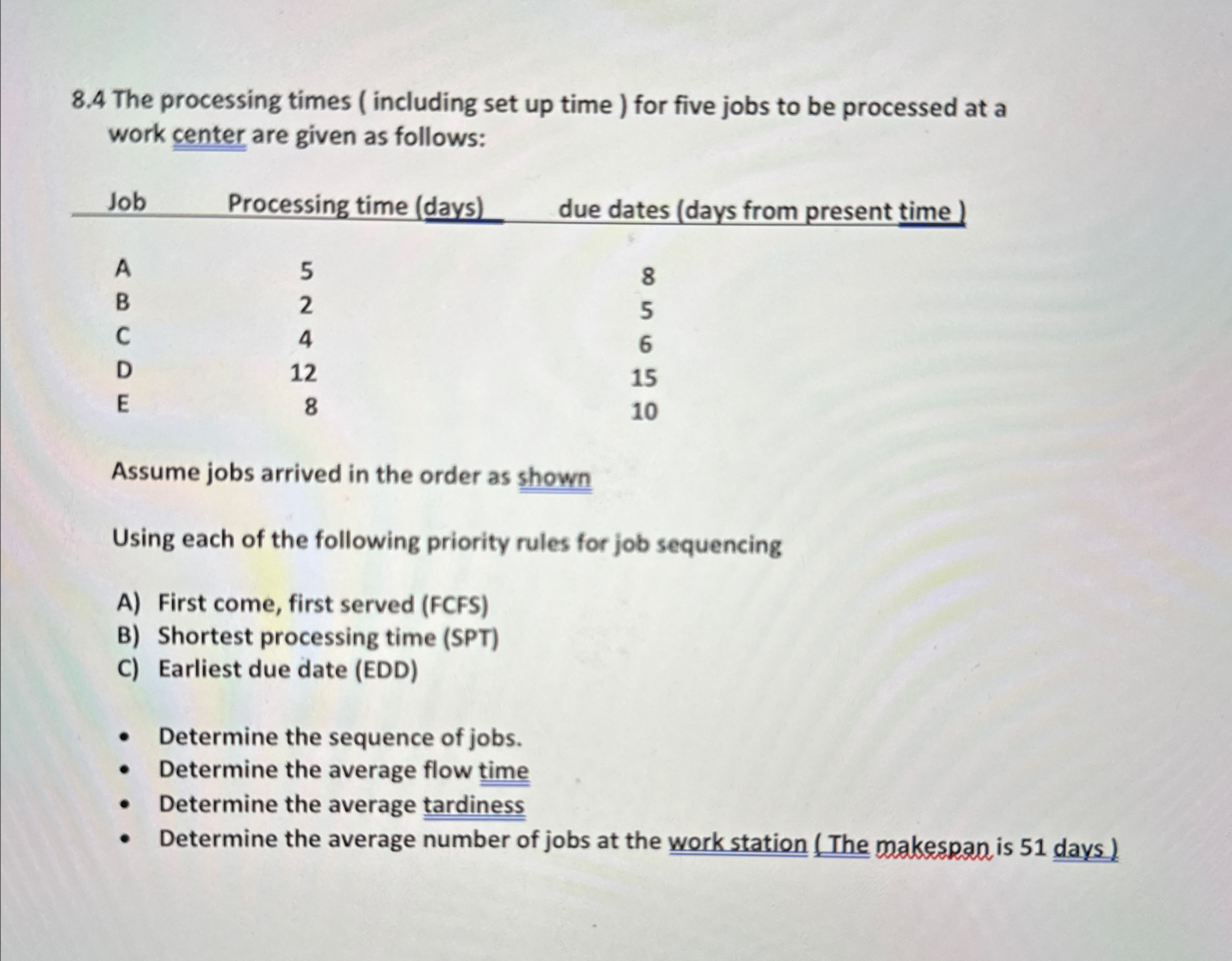  8.4 The processing times ( including set up time ) for