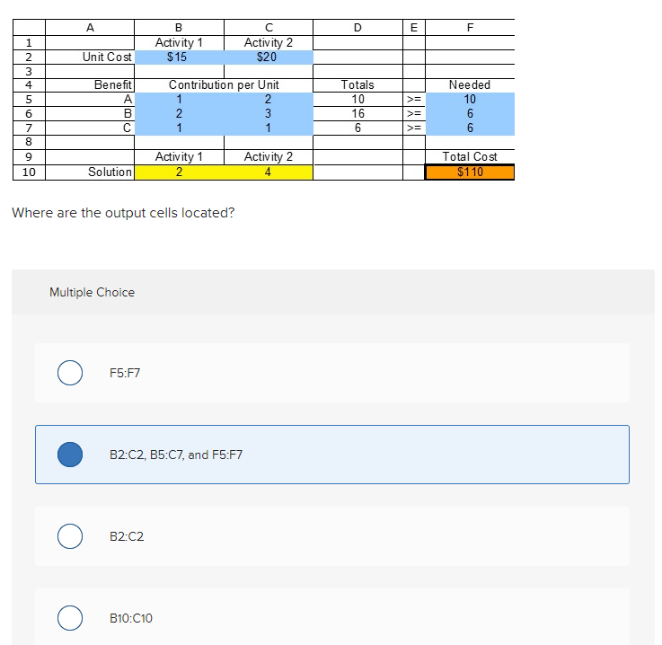  Where are the output cells located? Multiple Choice F5:F7 B2:C2,B5:C, and