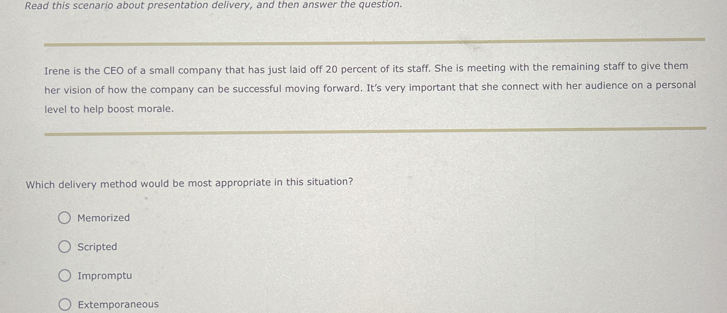  Read this scenario about presentation delivery, and then answer the question.