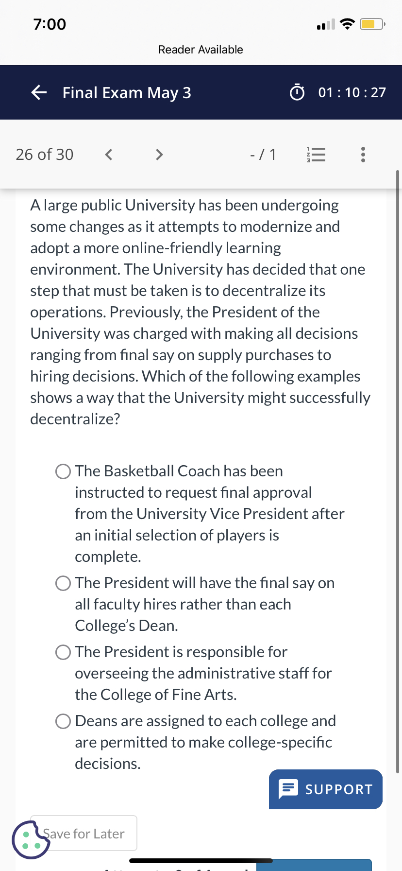  7:00 Reader Available Final Exam May 3 01:10:27 26 of 30