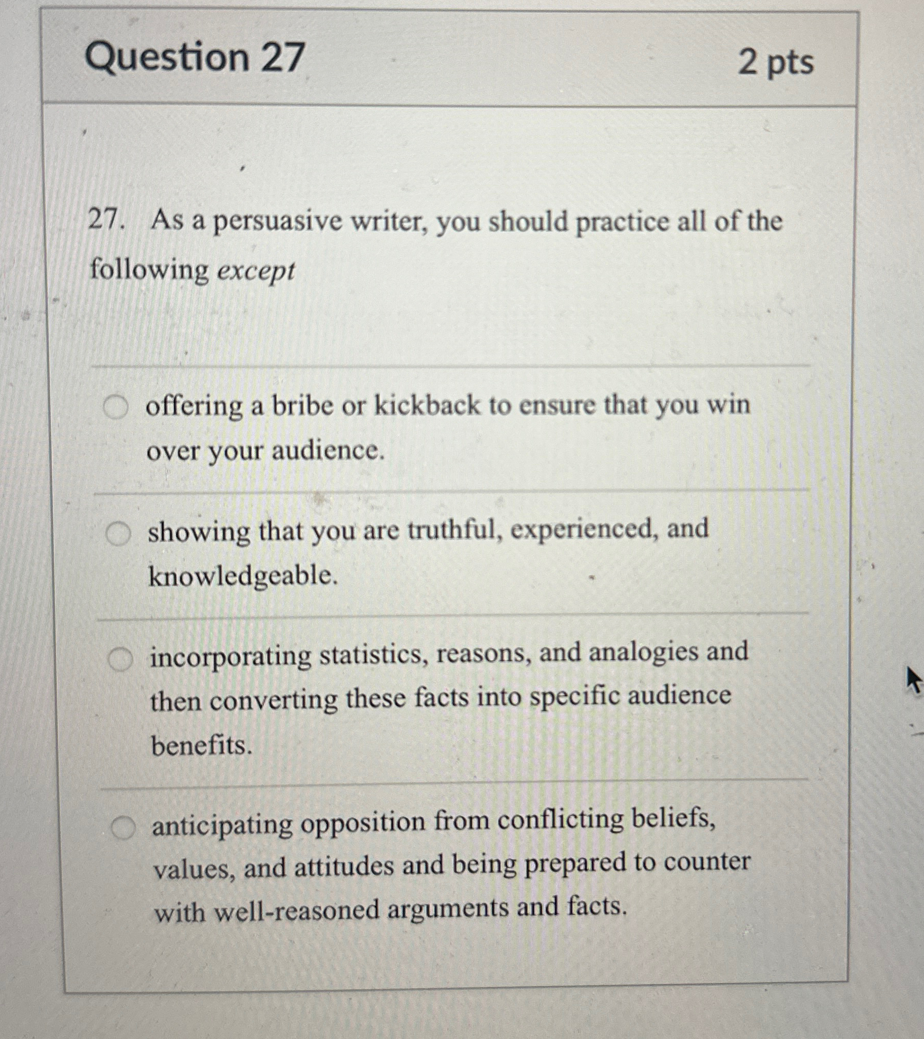  Question 27 2pts 27. As a persuasive writer, you should practice