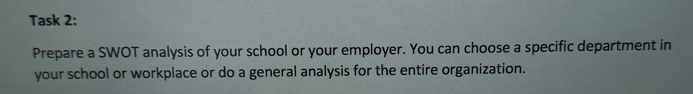  Task 2: Prepare a SWOT analysis of your school. You can