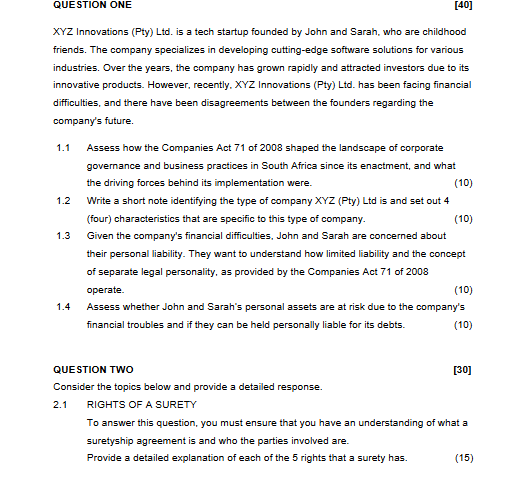  QUESTION ONE XYZ Innovations (Pty) Ltd. is a tech startup founded