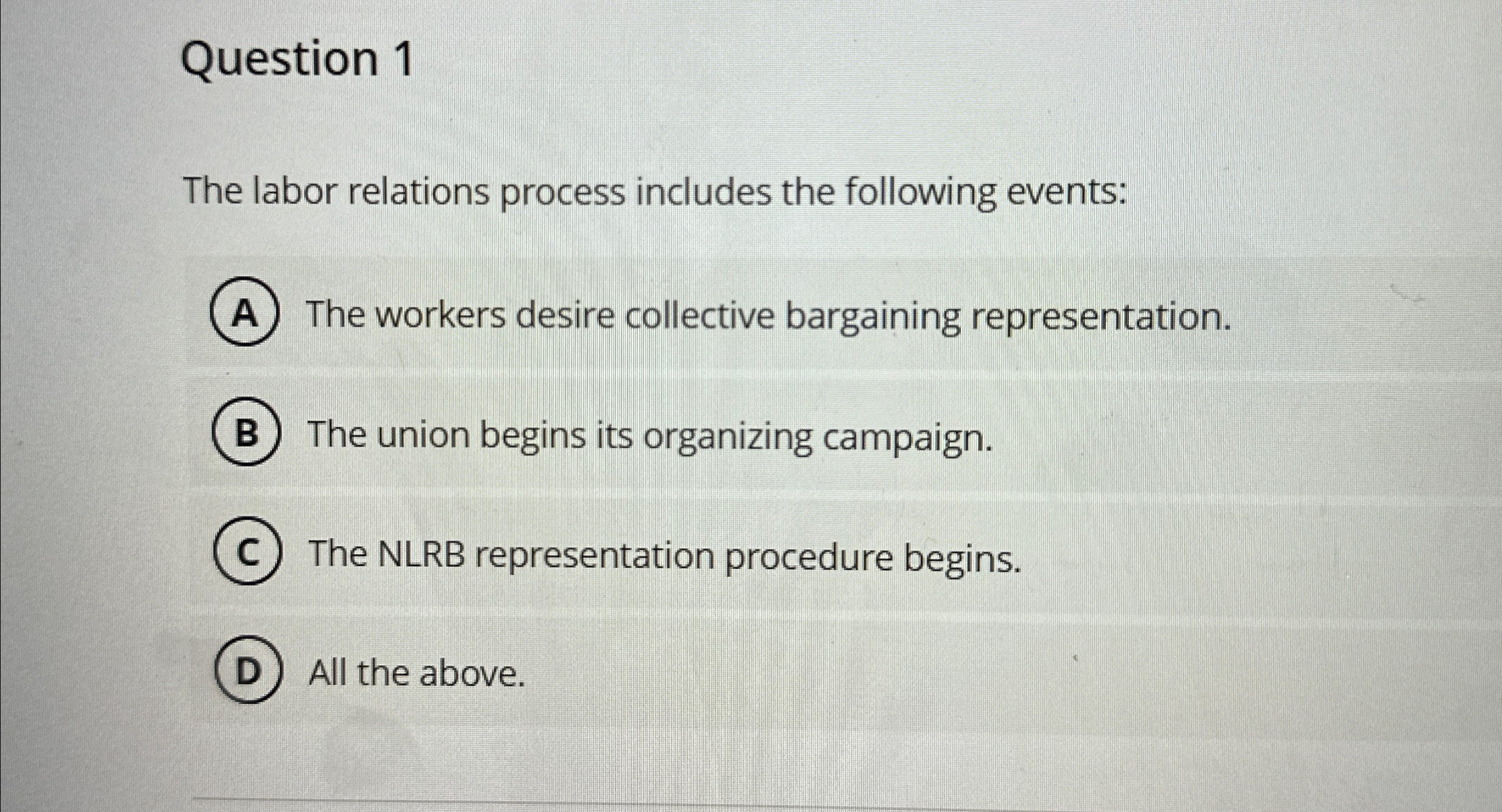  Question 1 The labor relations process includes the following events: The