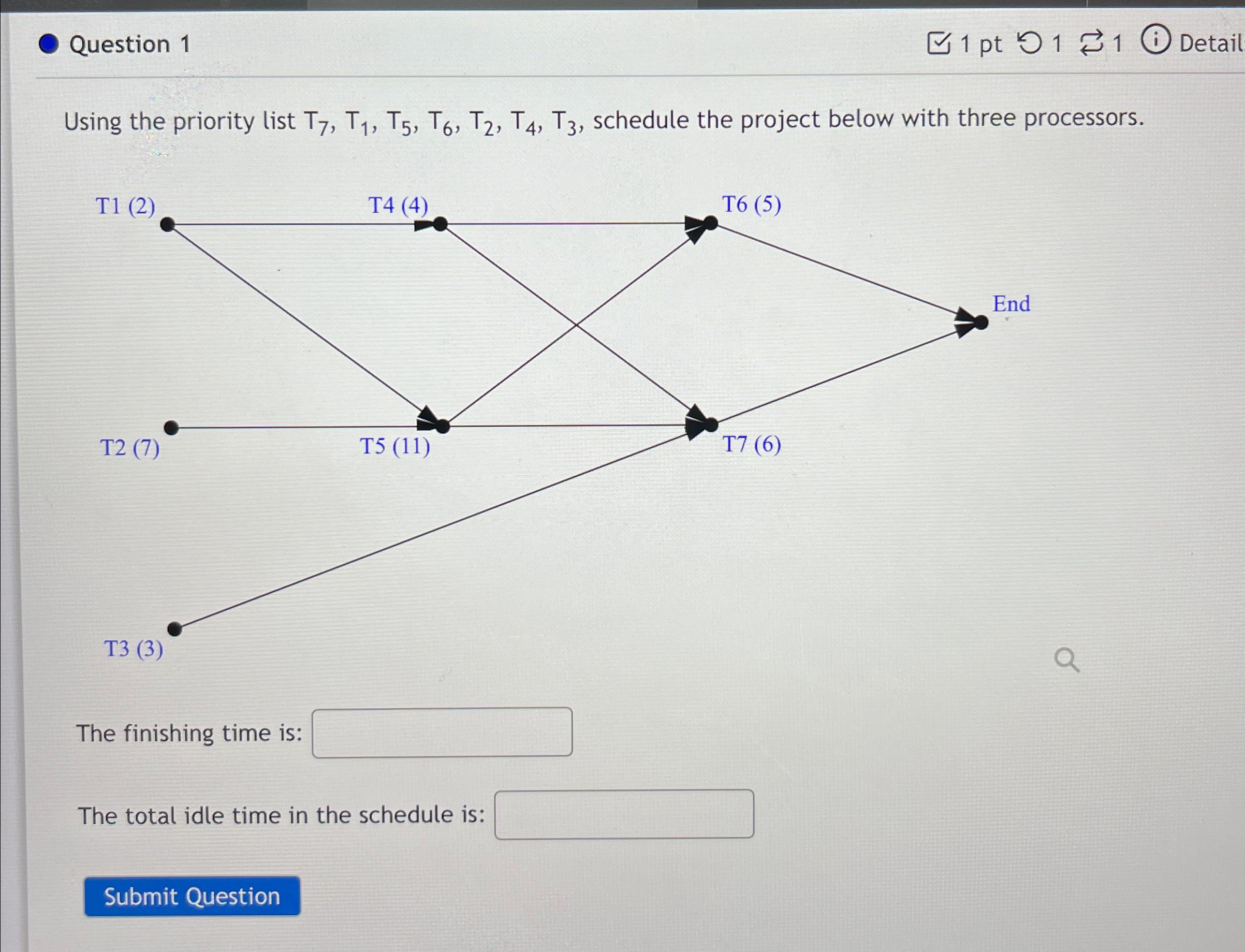  Question 1 1 pt 1 longrightarrow Detail Using the priority list