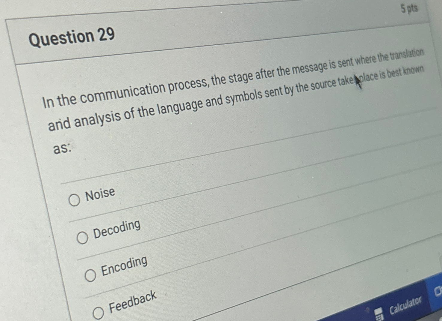  Question 29 5 pts In the communication process, the stage after