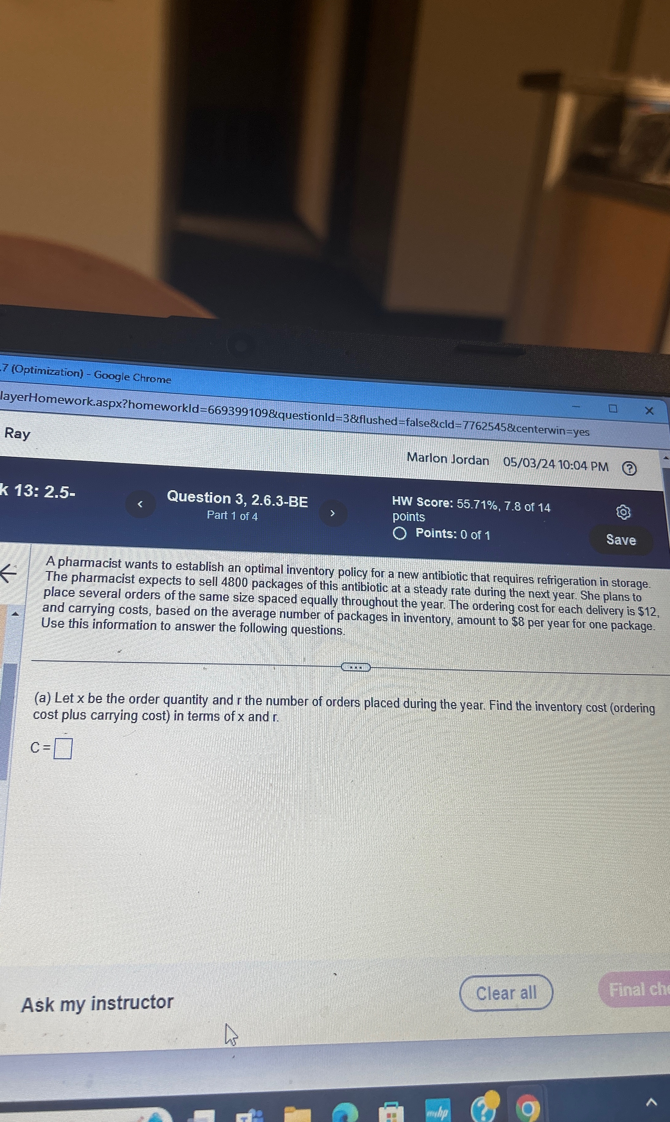  7(Optimization)- Google Chrome layerHomework.aspx?homeworkld =669399109 &questionld =3& flushed = false&cld =7762545