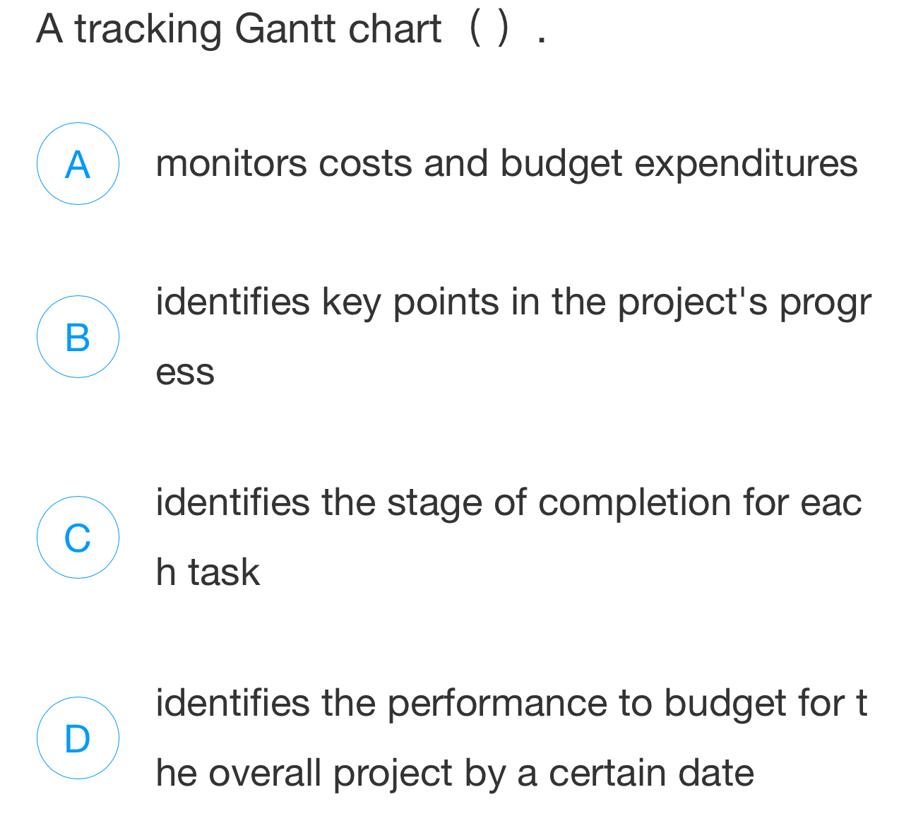  A tracking Gantt chart (). monitors costs and budget expenditures identifies