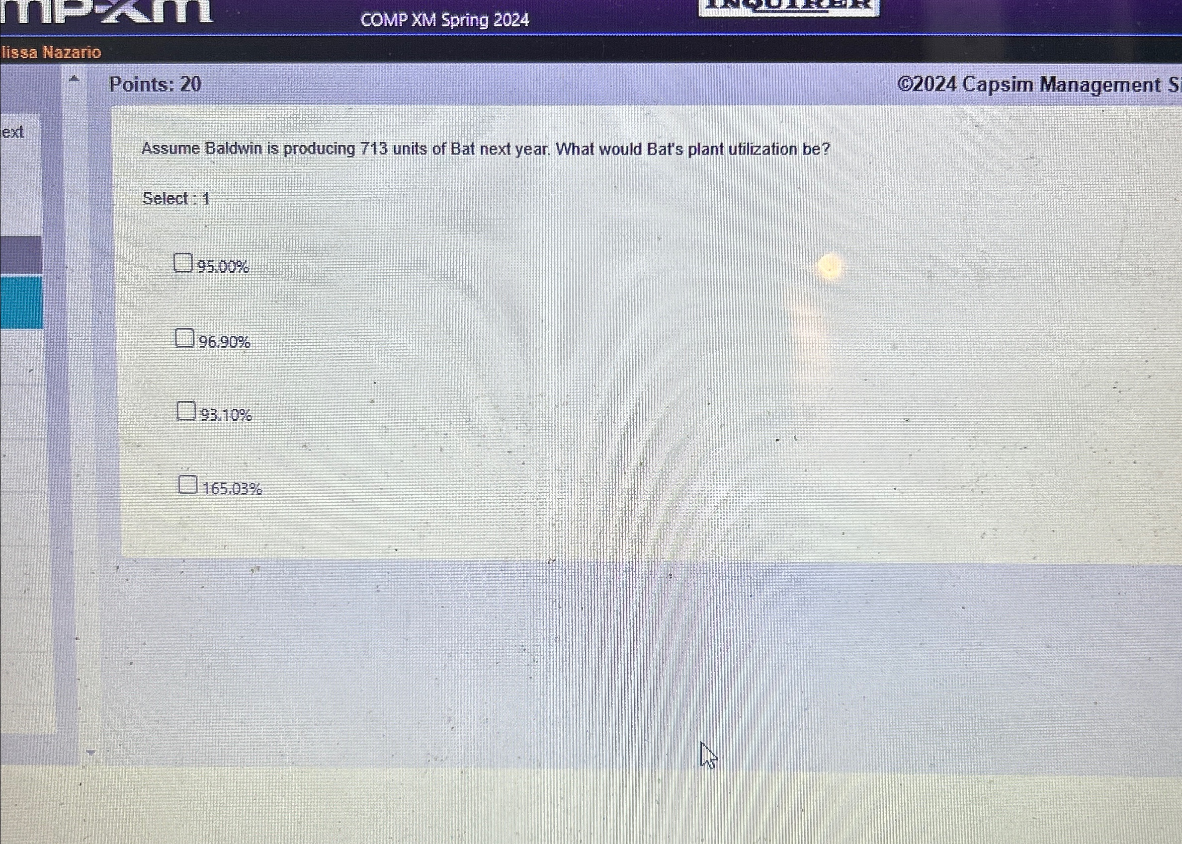  Points: 20 (62024 Capsim Management S Assume Baldwin is producing 713