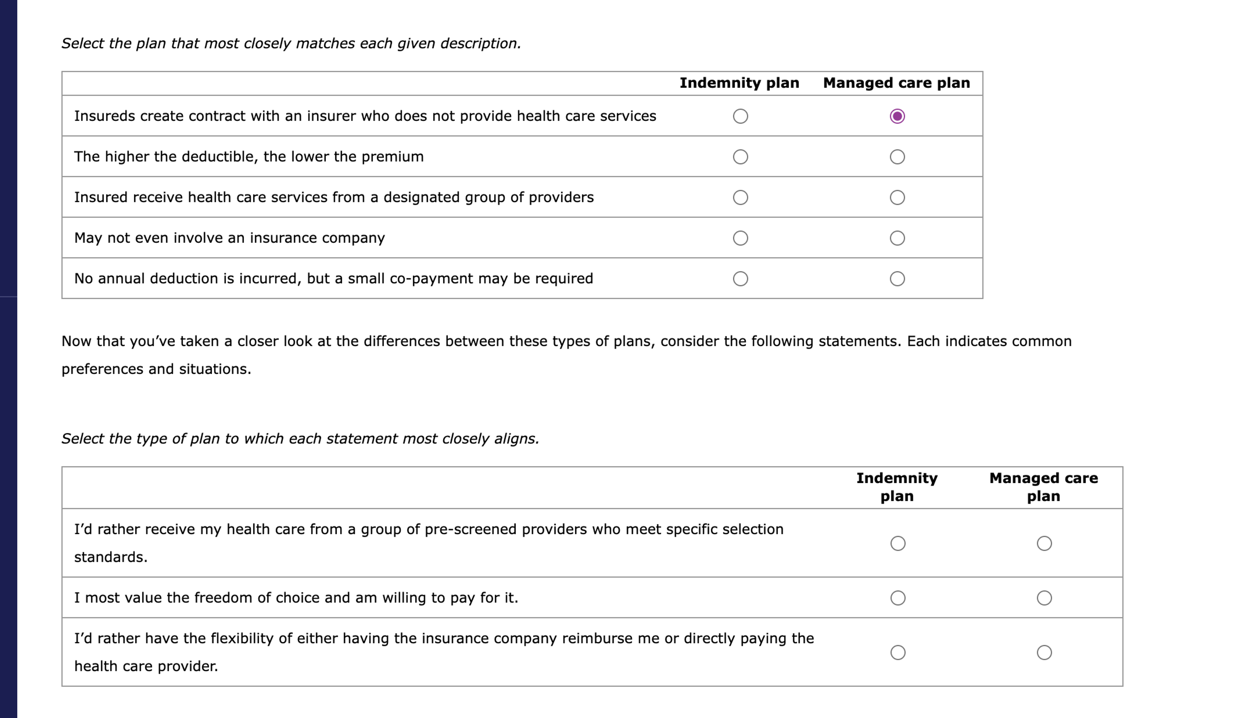  Select the plan that most closely matches each given description. Now