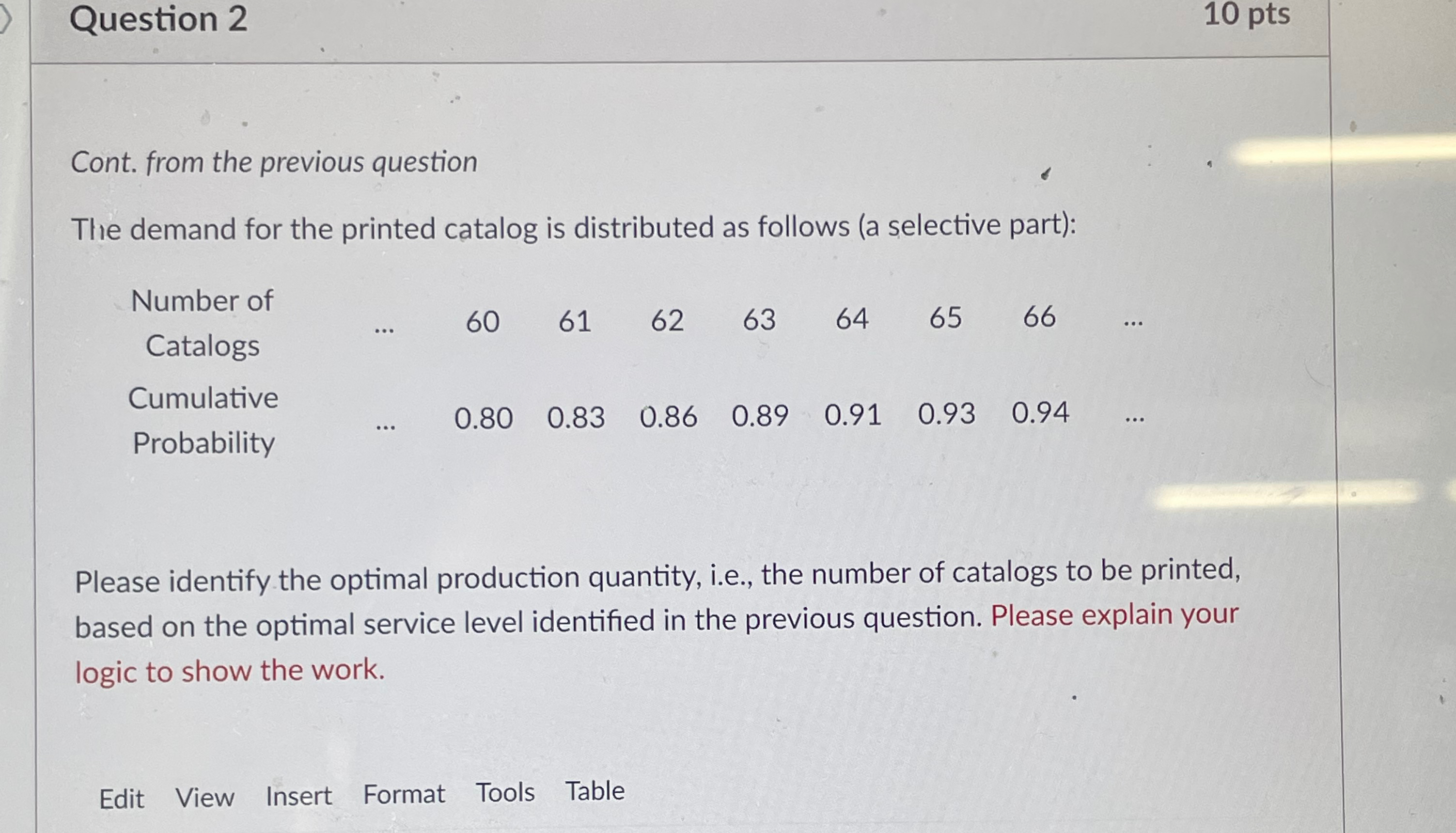  Question 2 10 pts Cont. from the previous question The demand