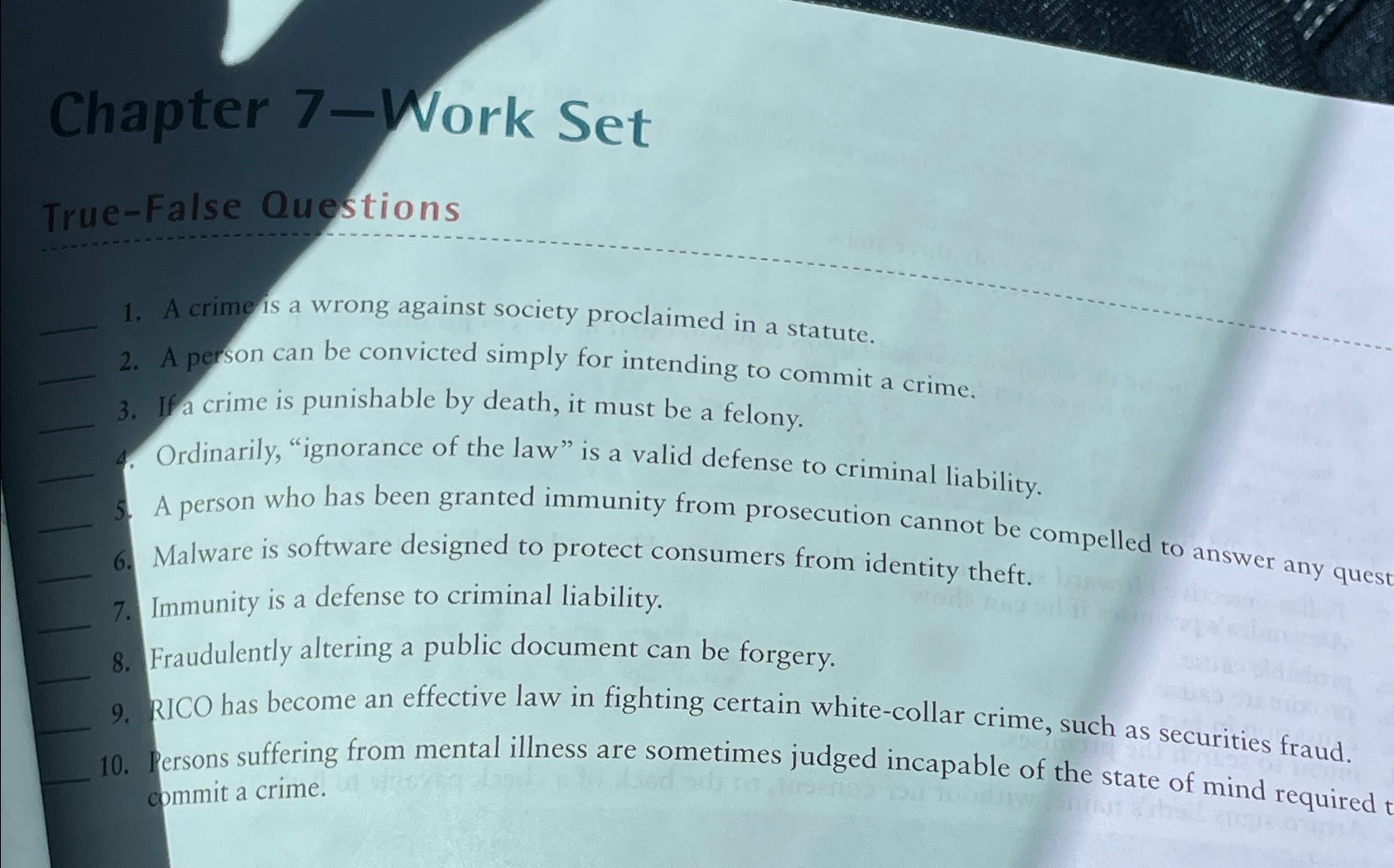  Chapter 7-Work Set True-False Questions q,1. A crime is a wrong