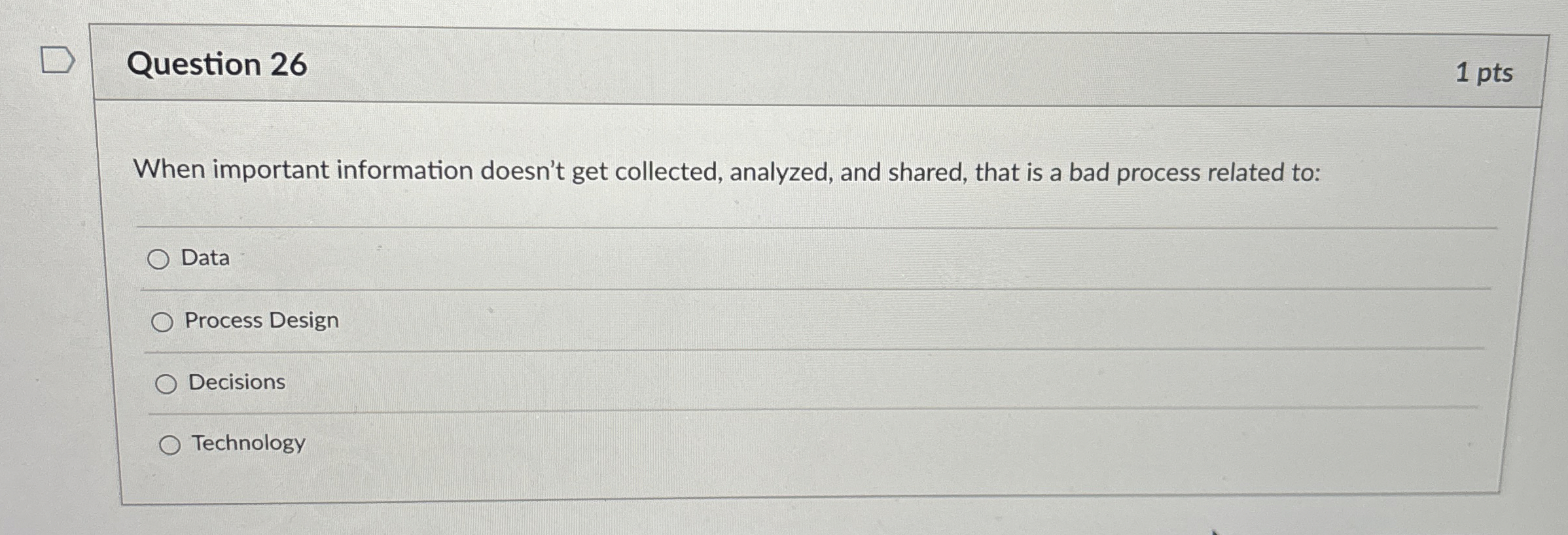  Question 26 1 pts When important information doesn't get collected, analyzed,