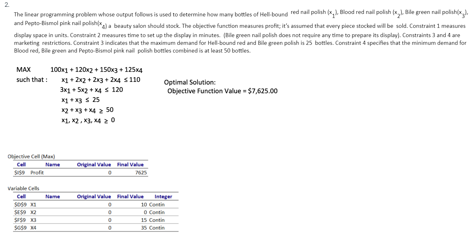  The linear programming problem whose output follows is used to determine