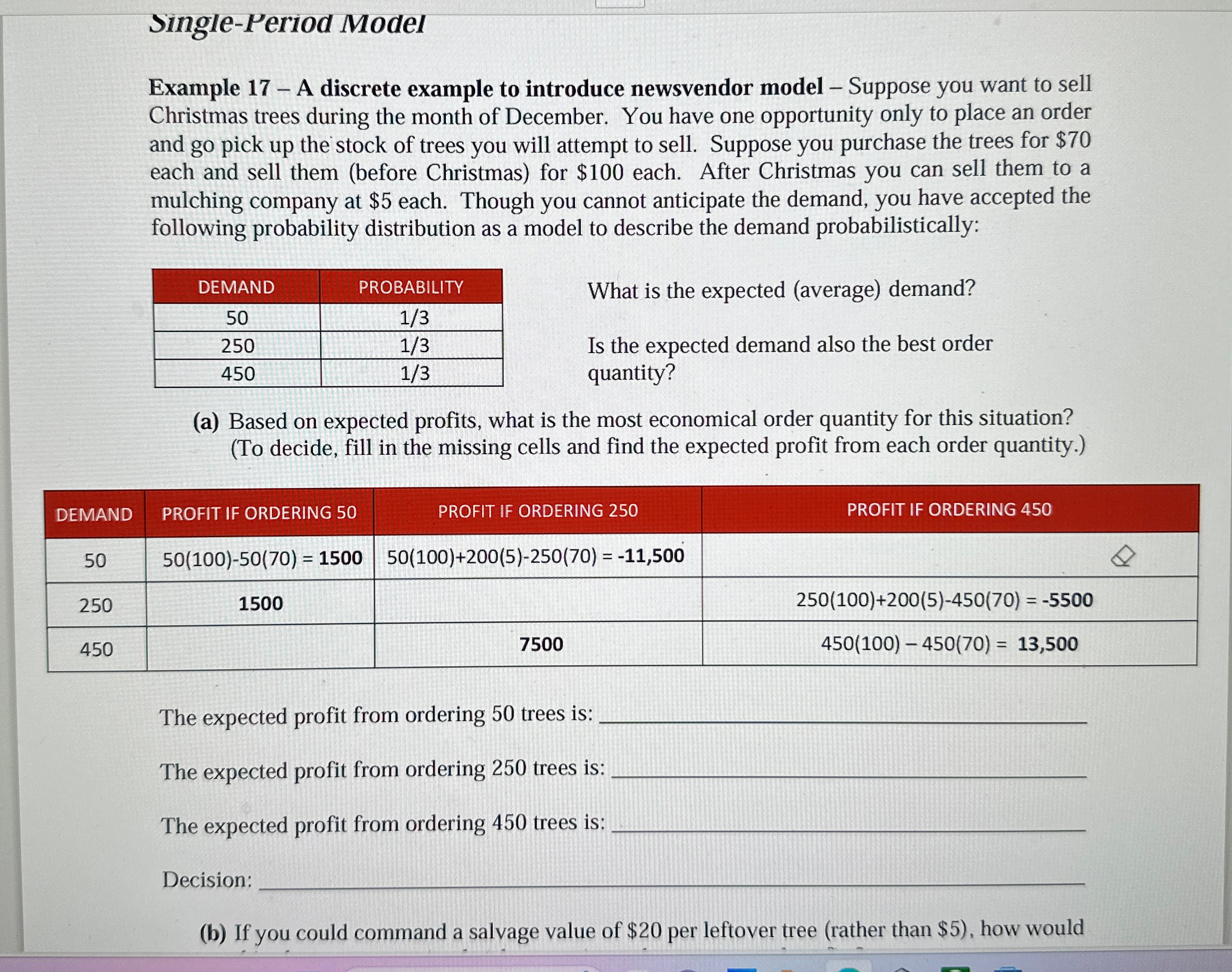  Single-Period Model Example 17- A discrete example to introduce newsvendor model