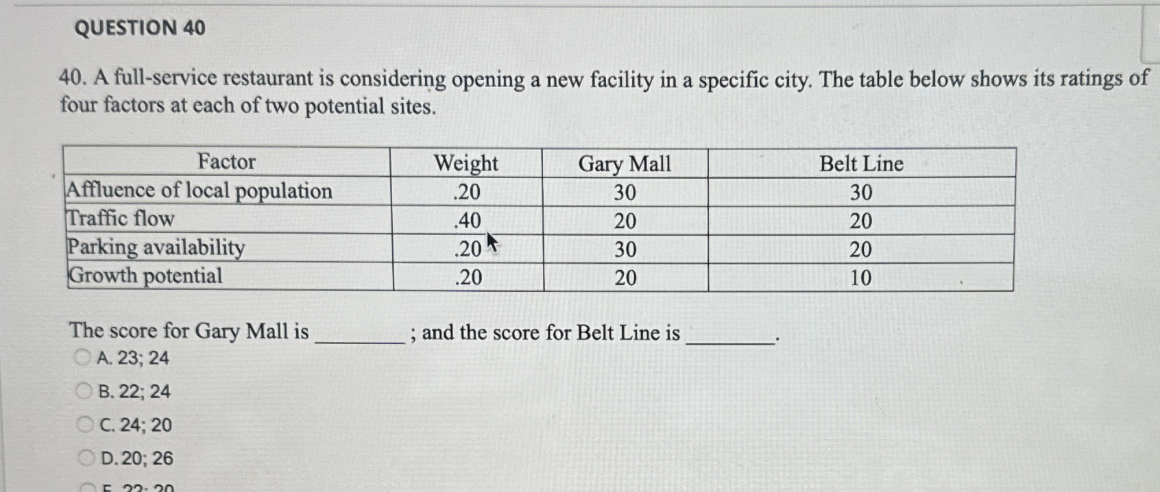  QUESTION 40 40. A full-service restaurant is considering opening a new