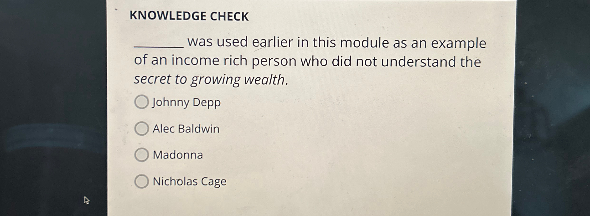 KNOWLEDGE CHECK was used earlier in this module as an example