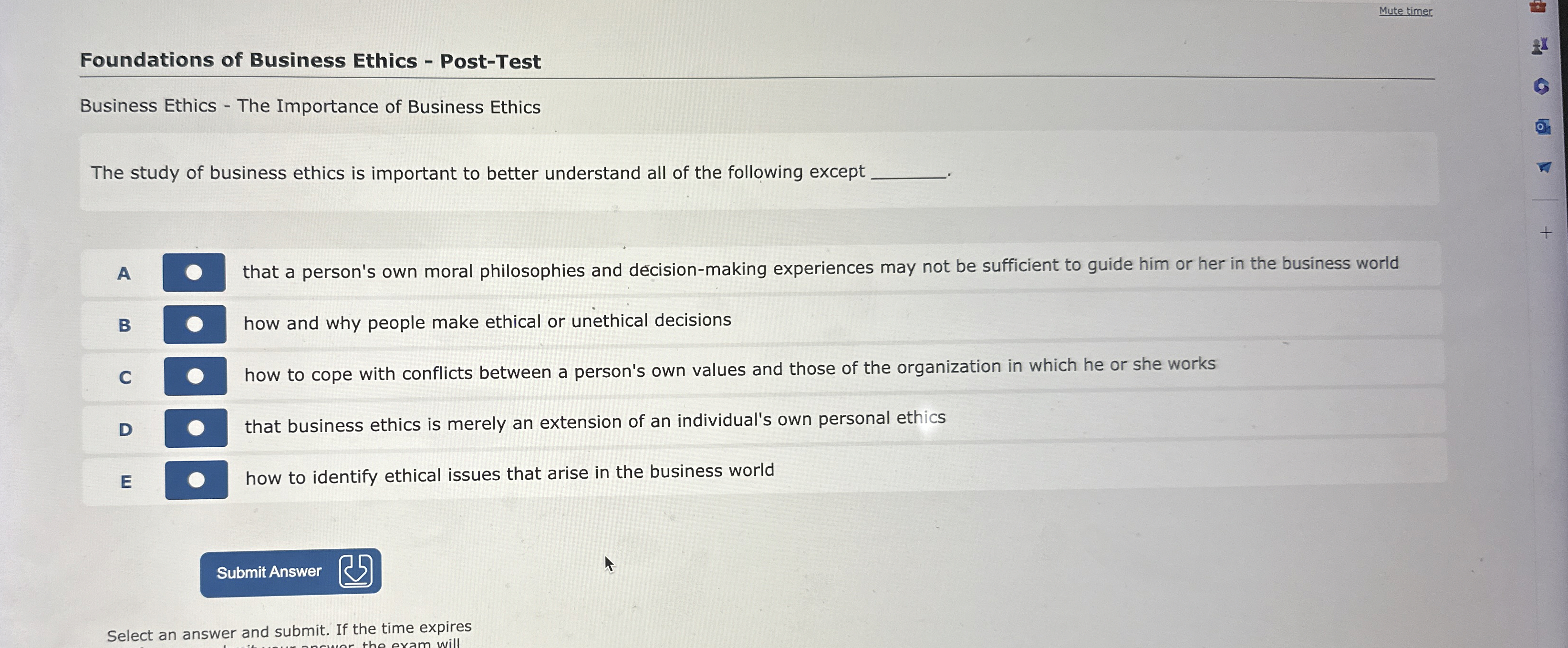  Mute timer Foundations of Business Ethics - Post-Test Business Ethics -