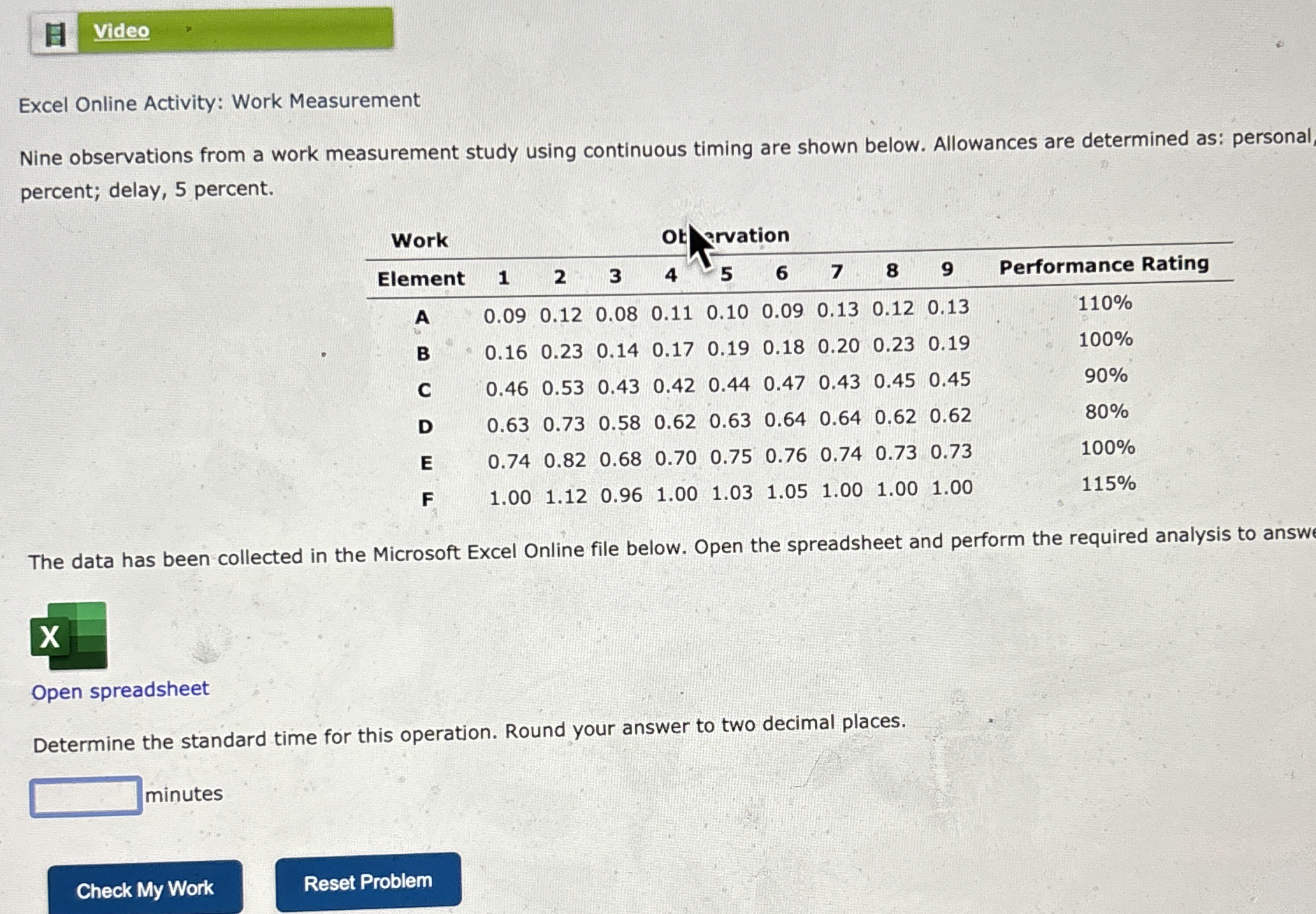  Excel Online Activity: Work Measurement Nine observations from a work measurement
