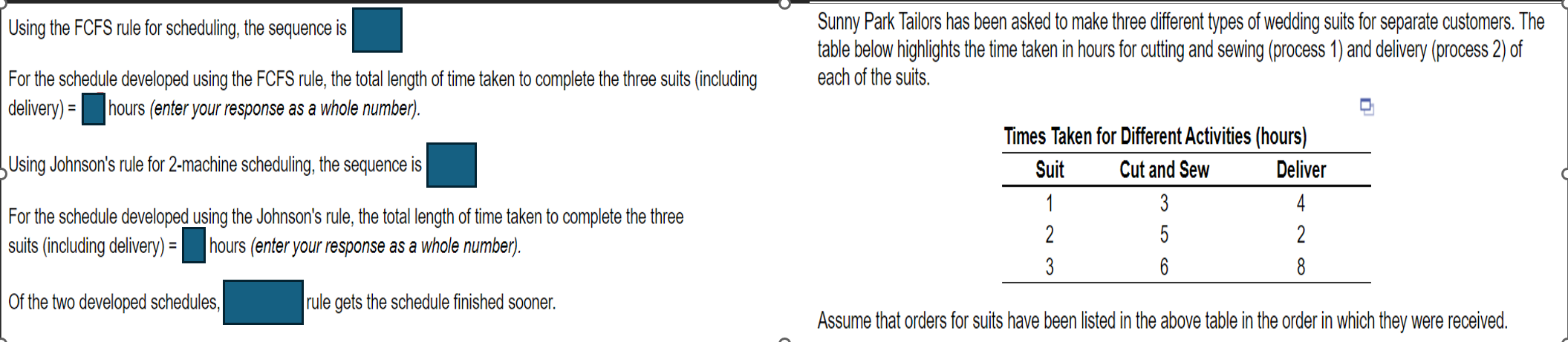  Using the FCFS rule for scheduling, the sequence is For the