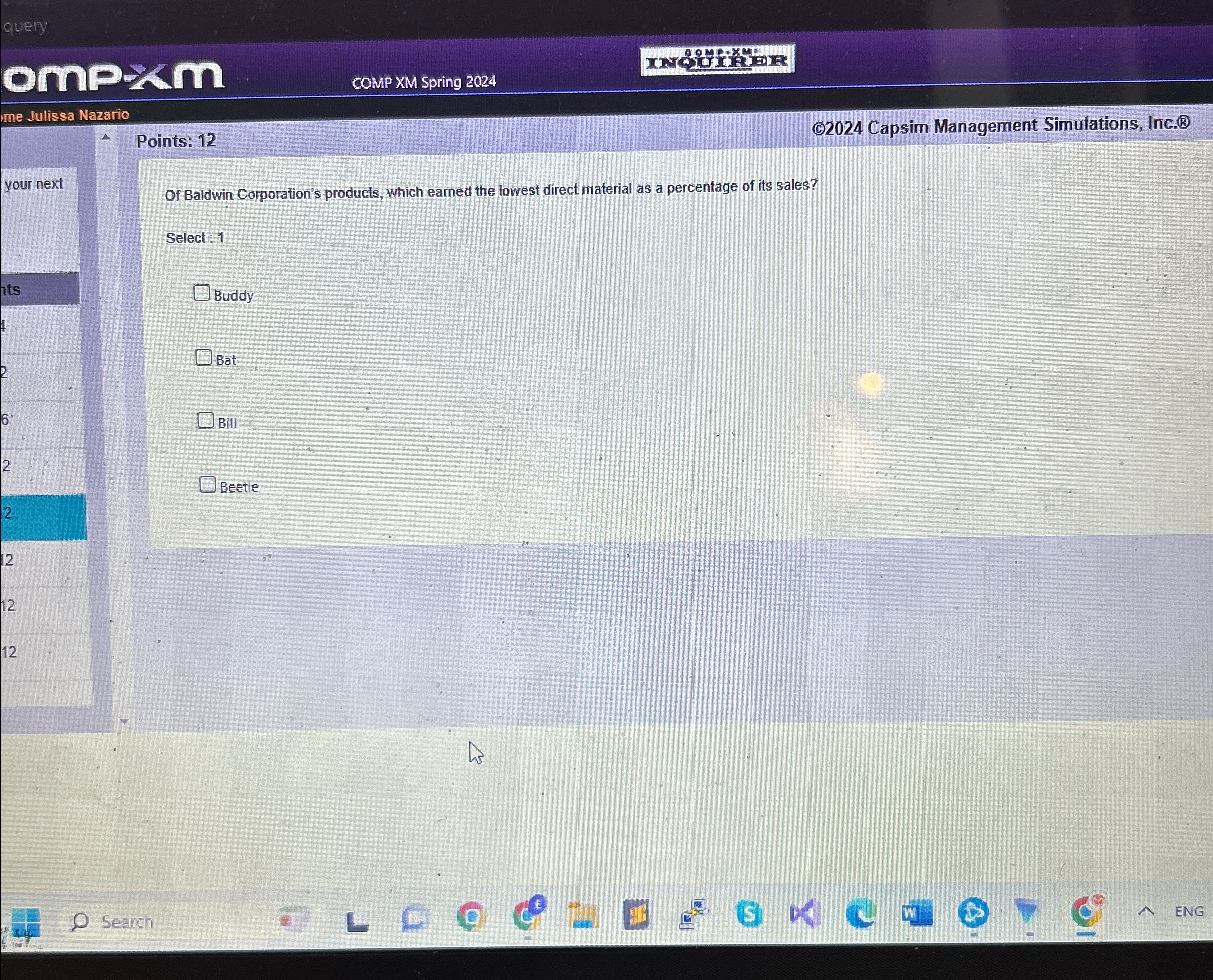  query onposm COMP XM Spring 2024 me Julissa Nazario Points: 12