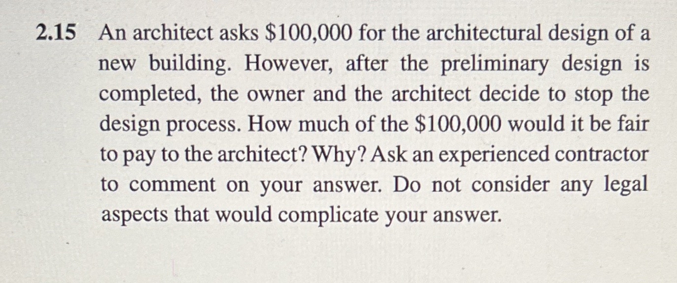  2.15 An architect asks $100,000 for the architectural design of a