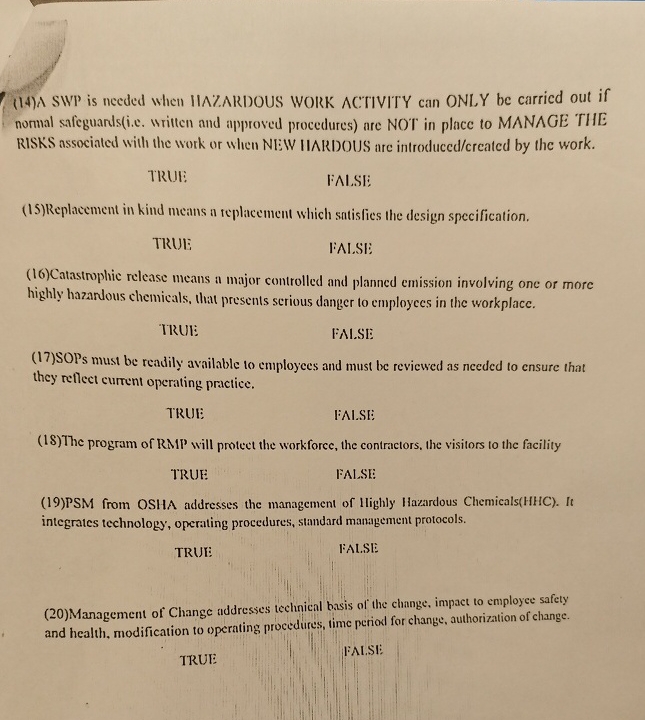  (14)A SWP is needed when IIAZ.ARDOUS WORK ACTIVITY can ONLY be