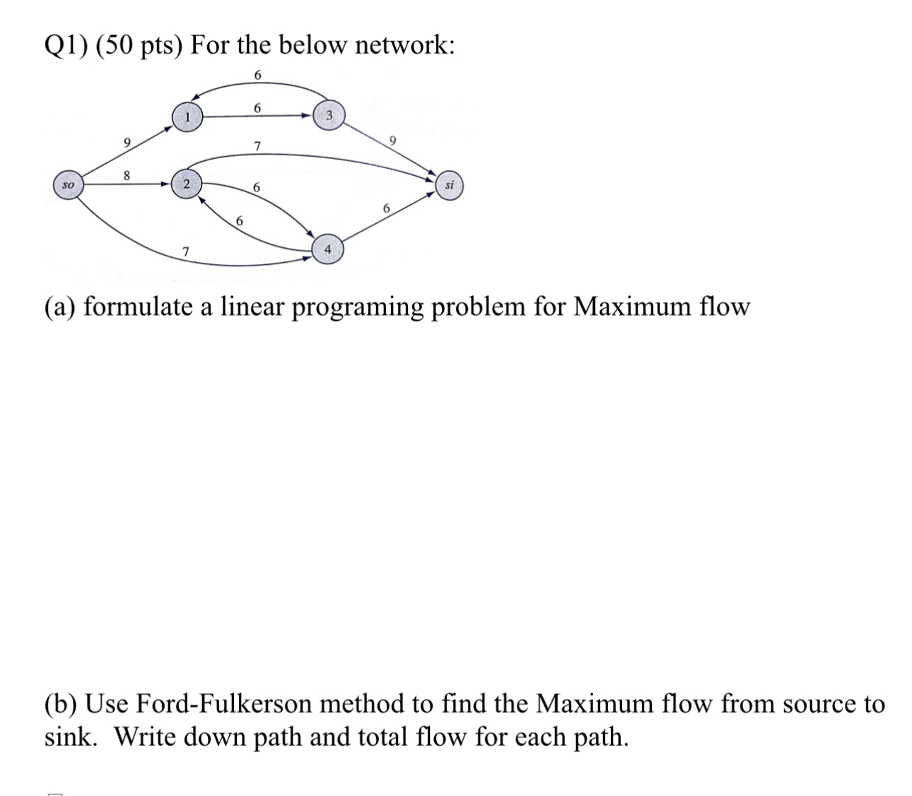  Q1)(50 pts) For the below network: (a) formulate a linear programing