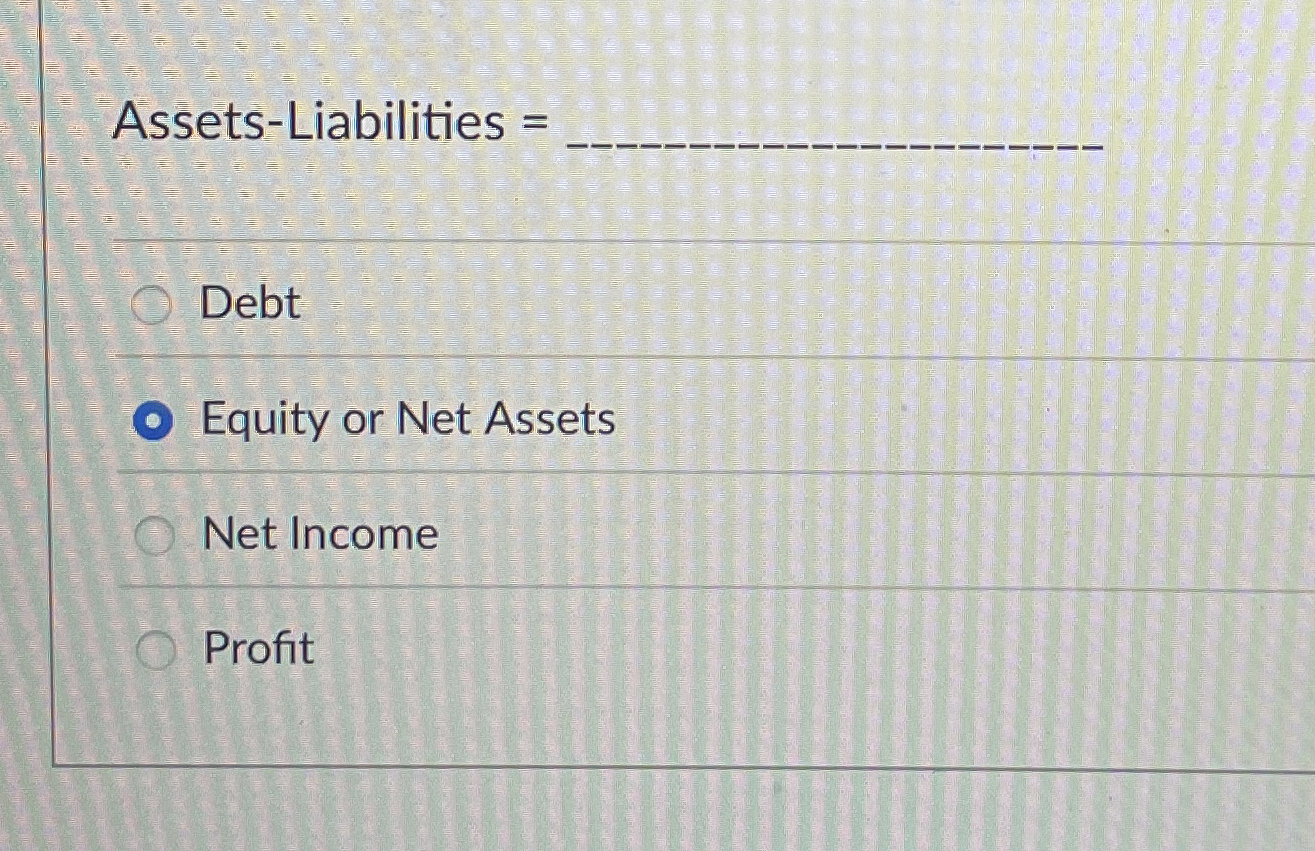  Assets-Liabilities =q, Debt Equity or Net Assets Net Income Profit 
