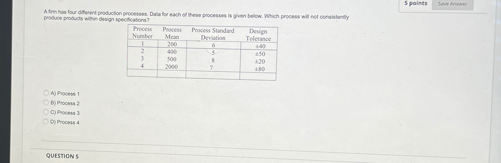  5 points A firm has four different production processes. Data for