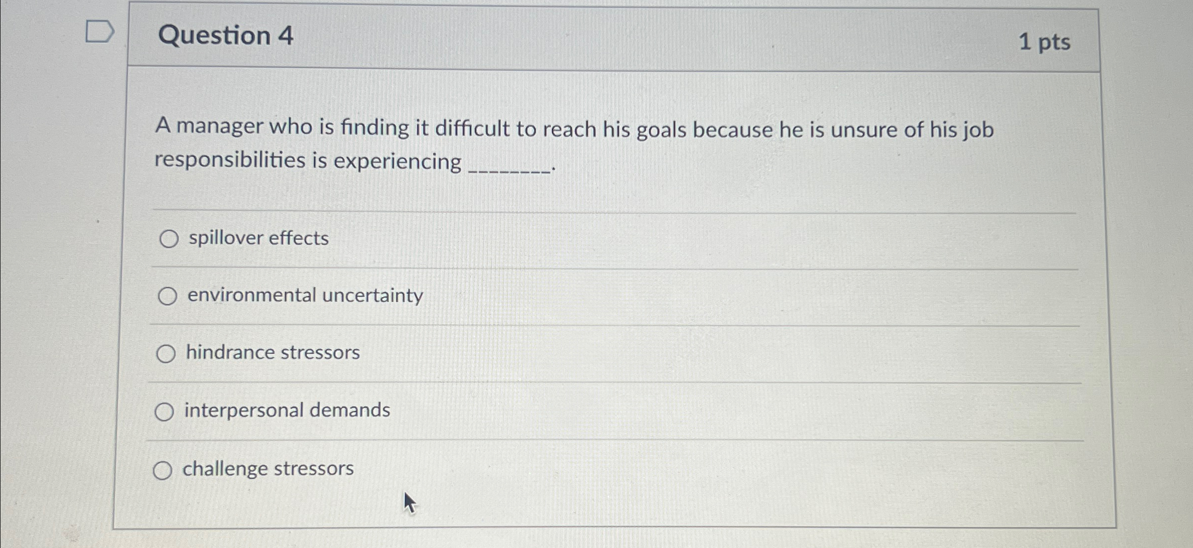  Question 4 1 pts A manager who is finding it difficult