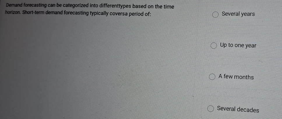  Demand forecasting can be categorized into differenttypes based on the time