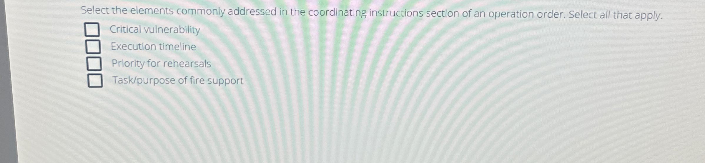  Select the elements commonly addressed in the coordinating instructions section of