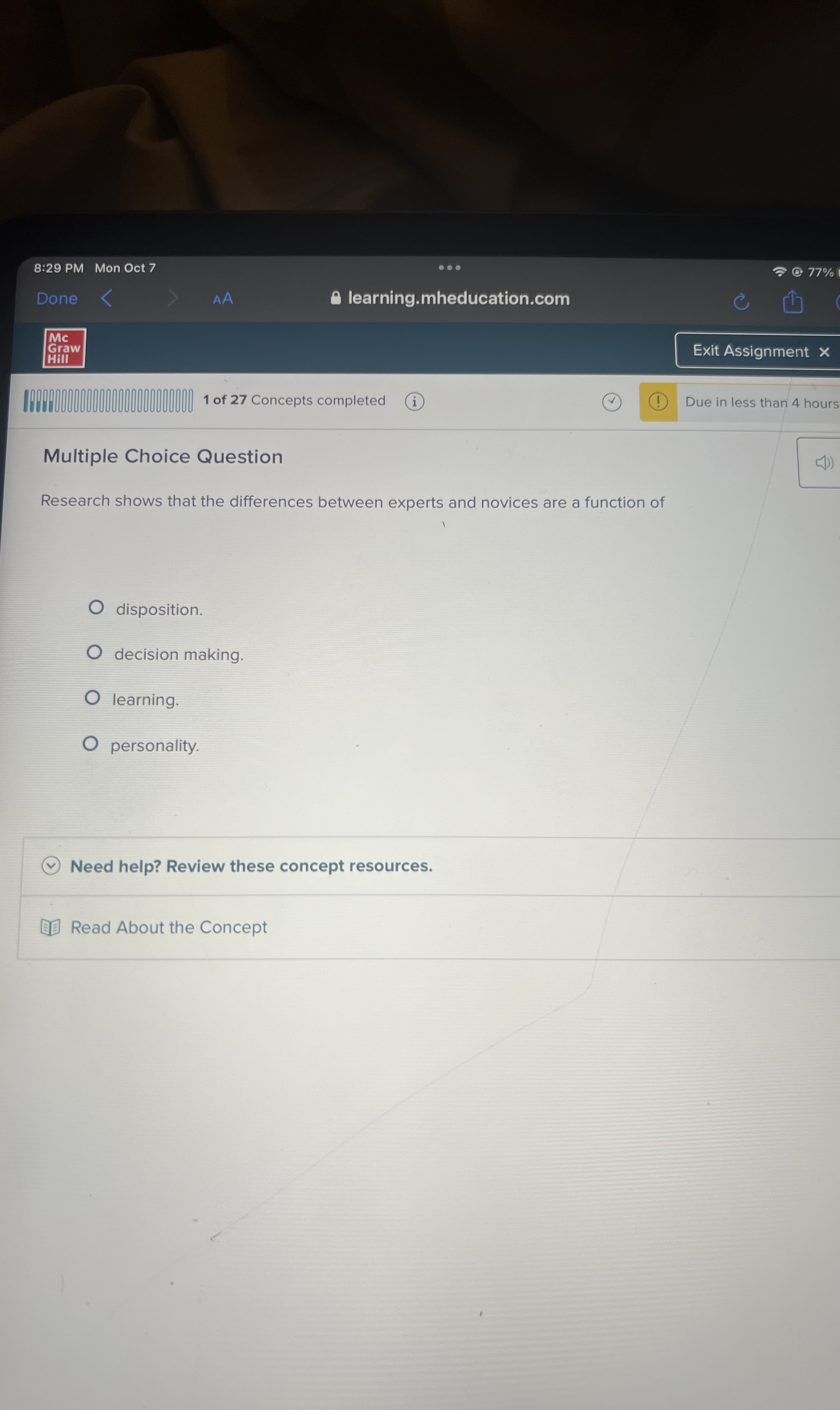  Multiple Choice Question Research shows that the differences between experts and