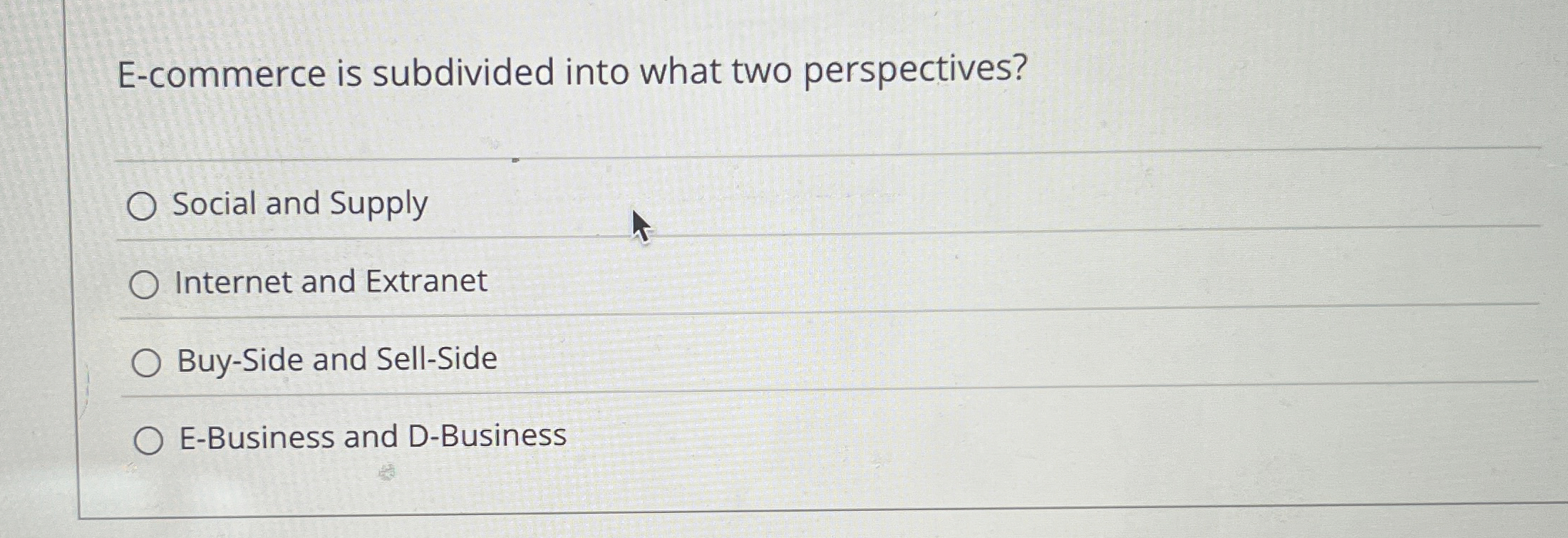  E-commerce is subdivided into what two perspectives? Social and Supply Internet