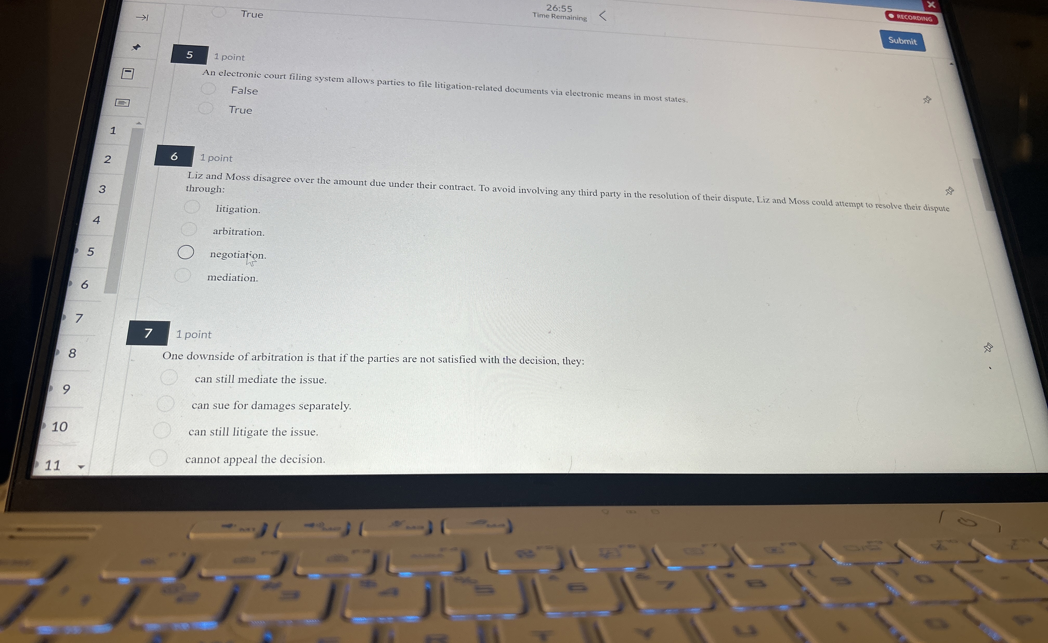  26:55 Time Remaining RECORDING True 5 1 point An electronic court