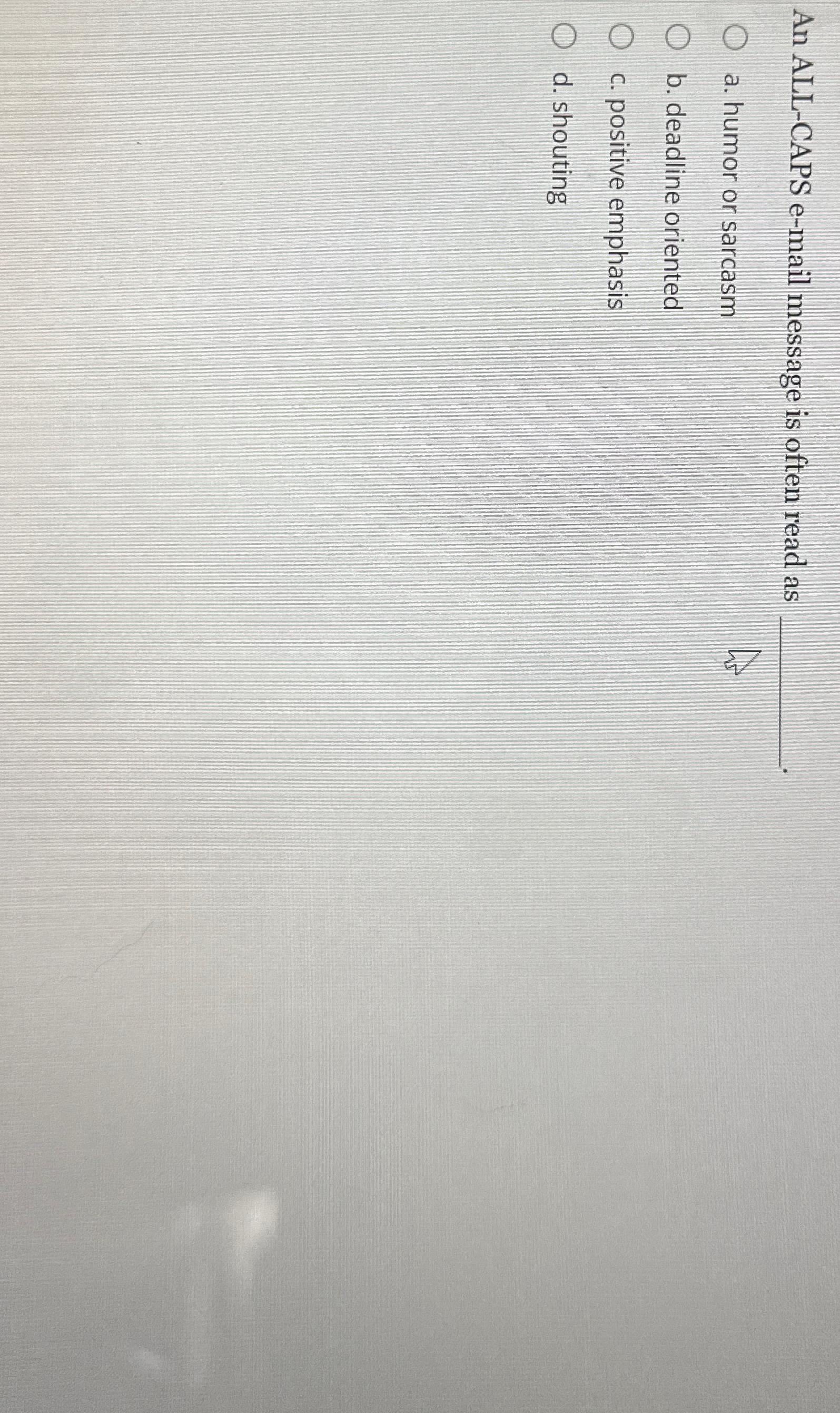  An ALL-CAPS e-mail message is often read as q, a. humor