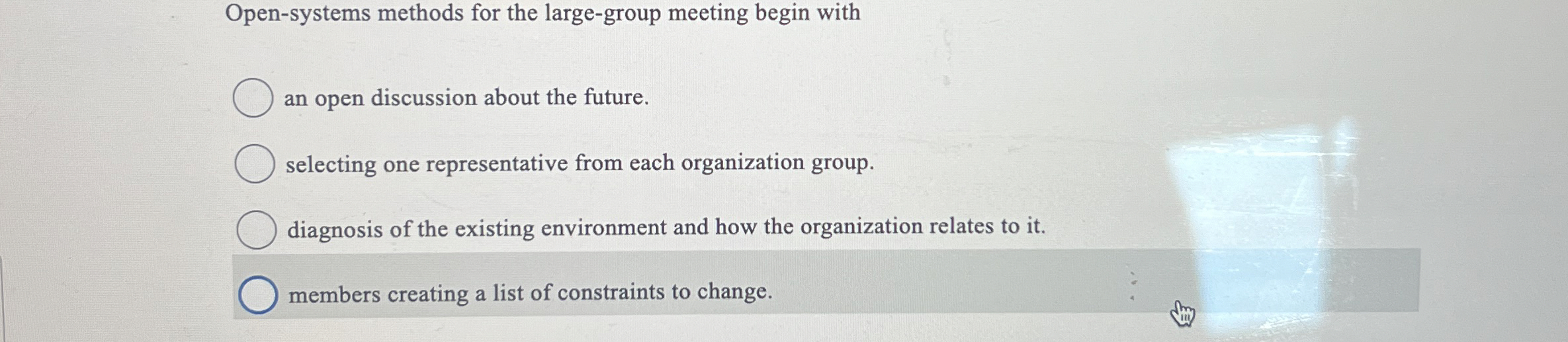  Open-systems methods for the large-group meeting begin with an open discussion