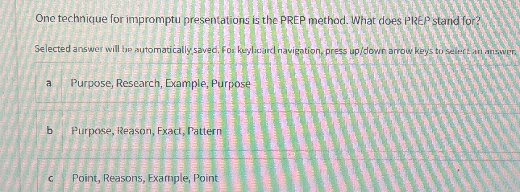  One technique for impromptu presentations is the PREP method. What does