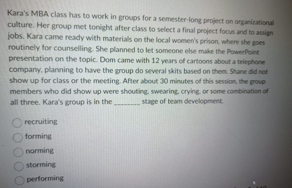  Kara's MBA class has to work in groups for a semester-long