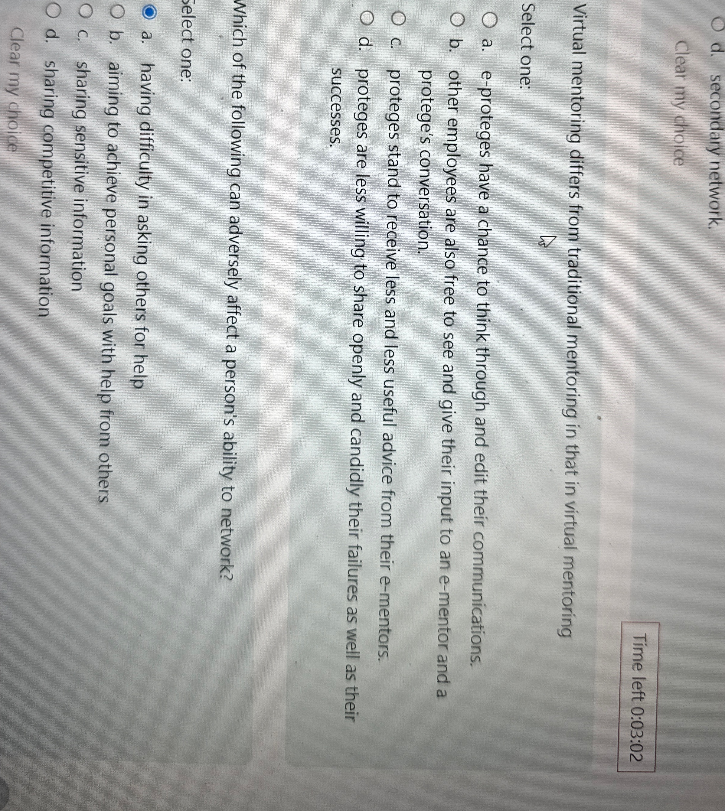  d. secondary network. Clear my choice Time left 0:03:02 Virtual mentoring