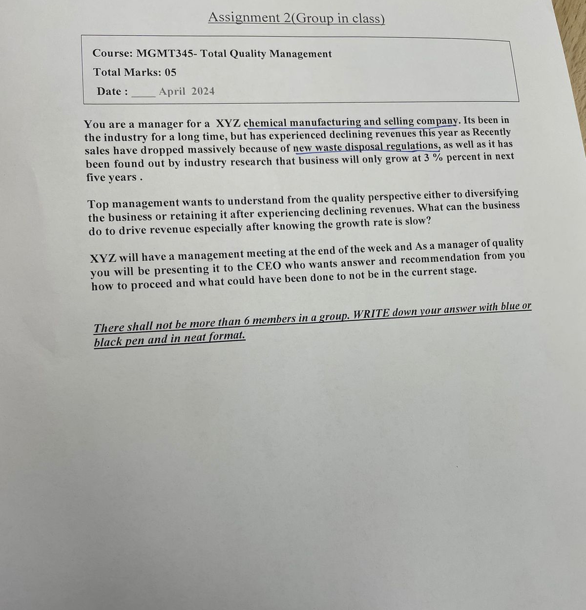  Assignment 2(Group in class) Course: MGMT345- Total Quality Management Total Marks: