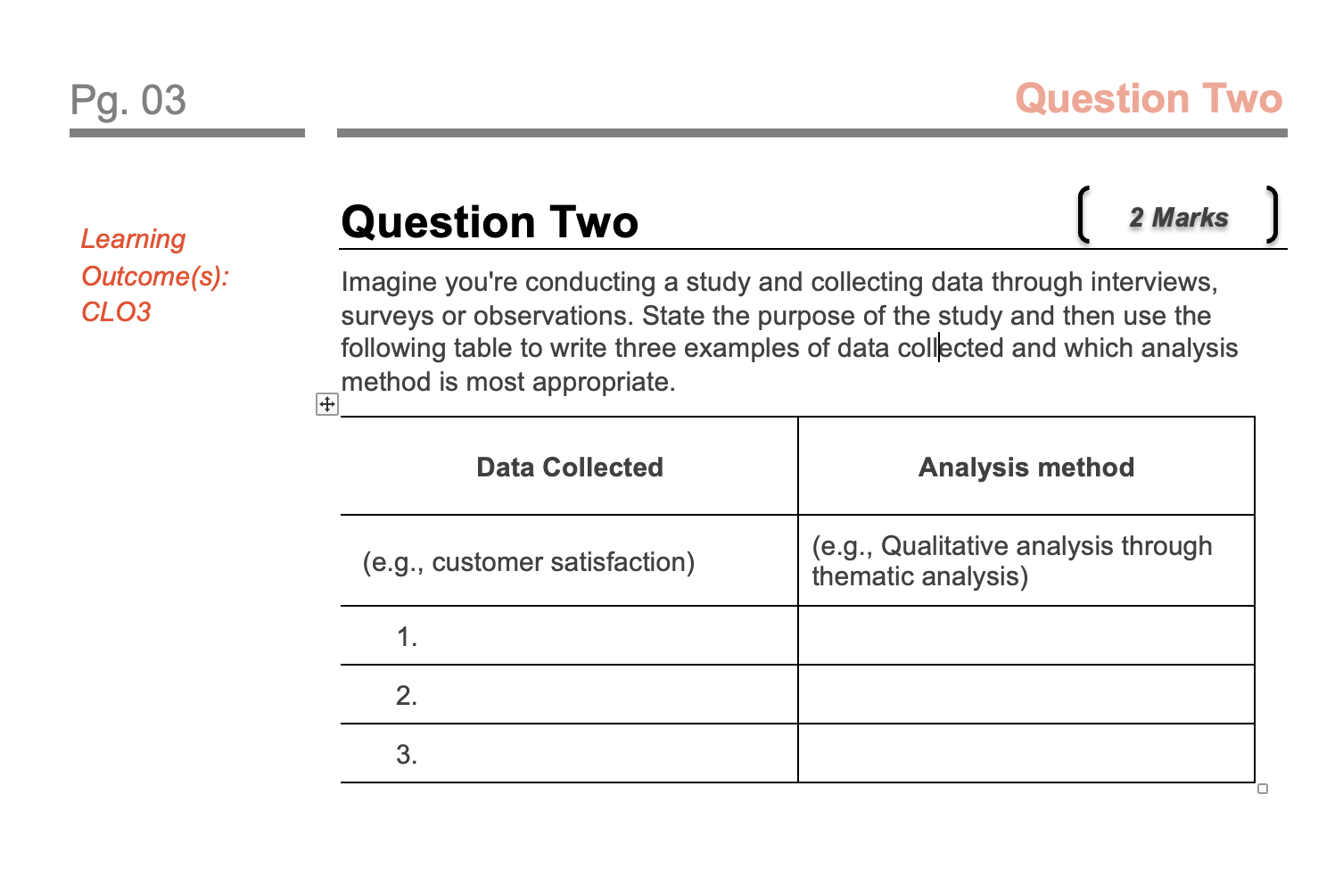  Pg.03 Learning Outcome(s): CLO3 Question Two Imagine you're conducting a study