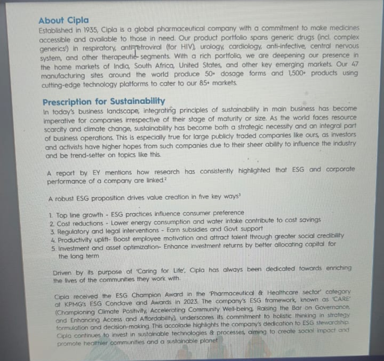  About Cipla Established in 1935, Clpla is a global pharmaceutical company