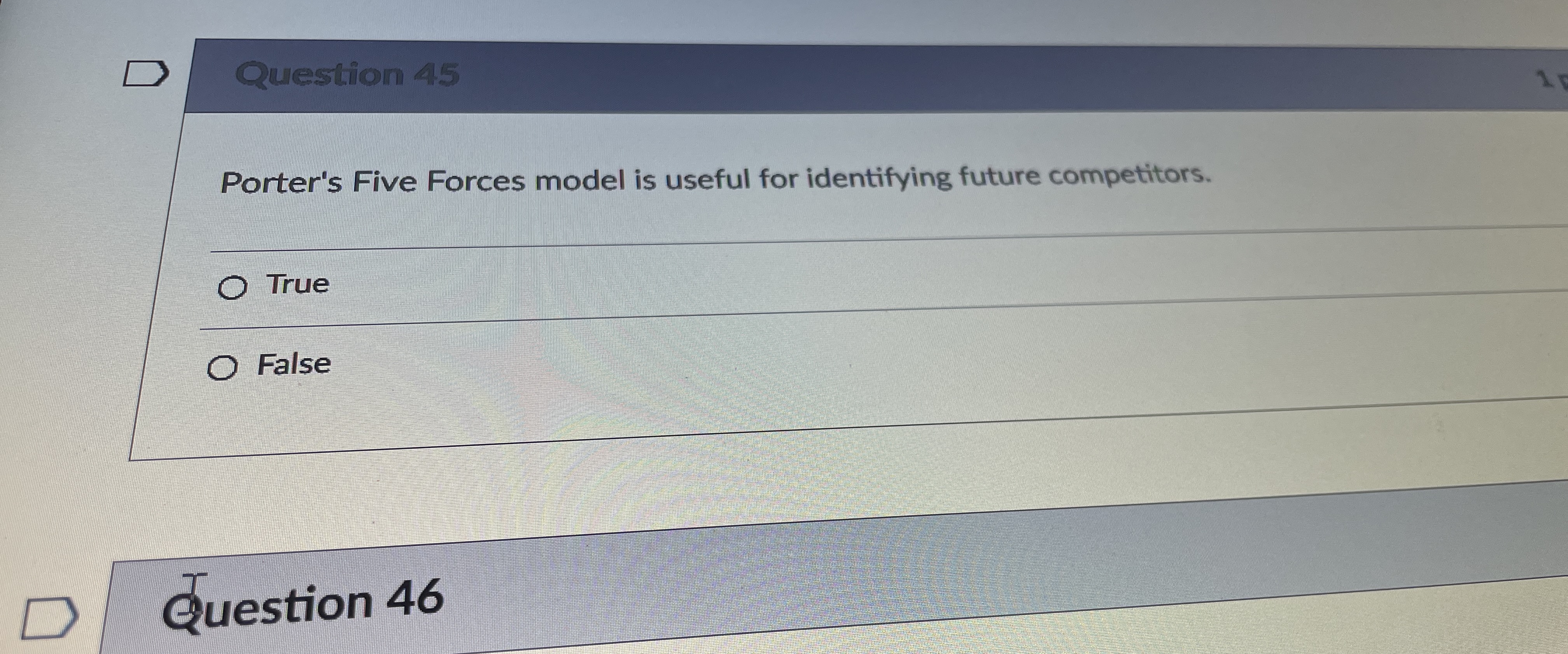  Porter's Five Forces model is useful for identifying future competitors. True
