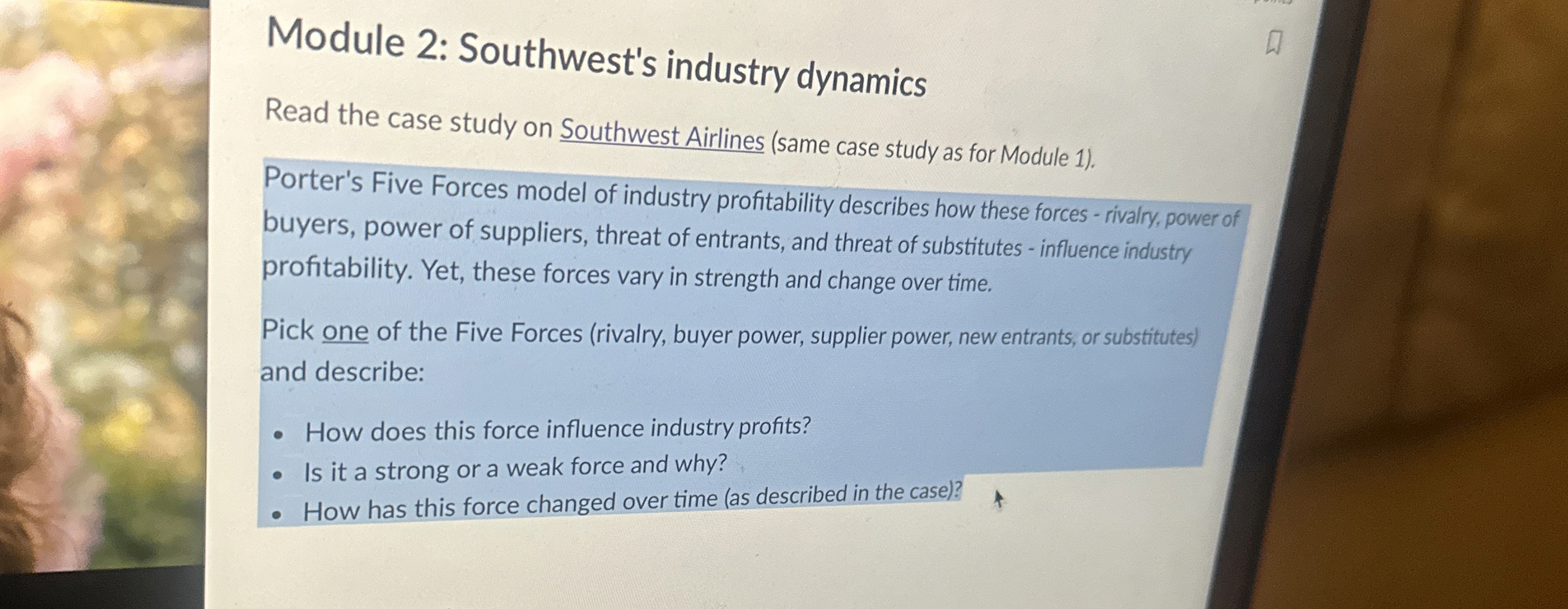  Module 2: Southwest's industry dynamics Read the case study on Southwest