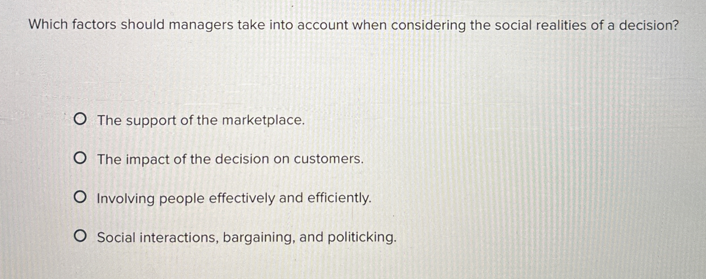  Which factors should managers take into account when considering the social