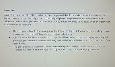  Issue LoG Issues that come up after the charter has been